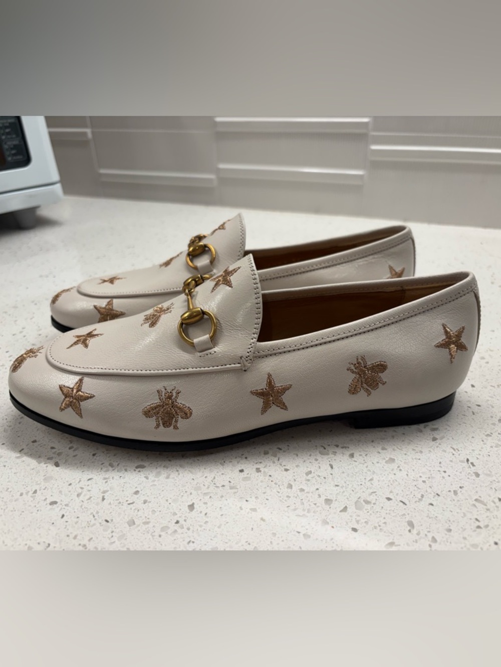 Women's Cream Leather Horsebit Loafers with Gold Embroidered Stars and Bees